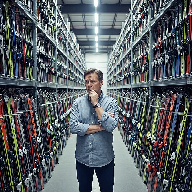 Mann steht grübelnd  im Lager ,das voll ist mit Skiern